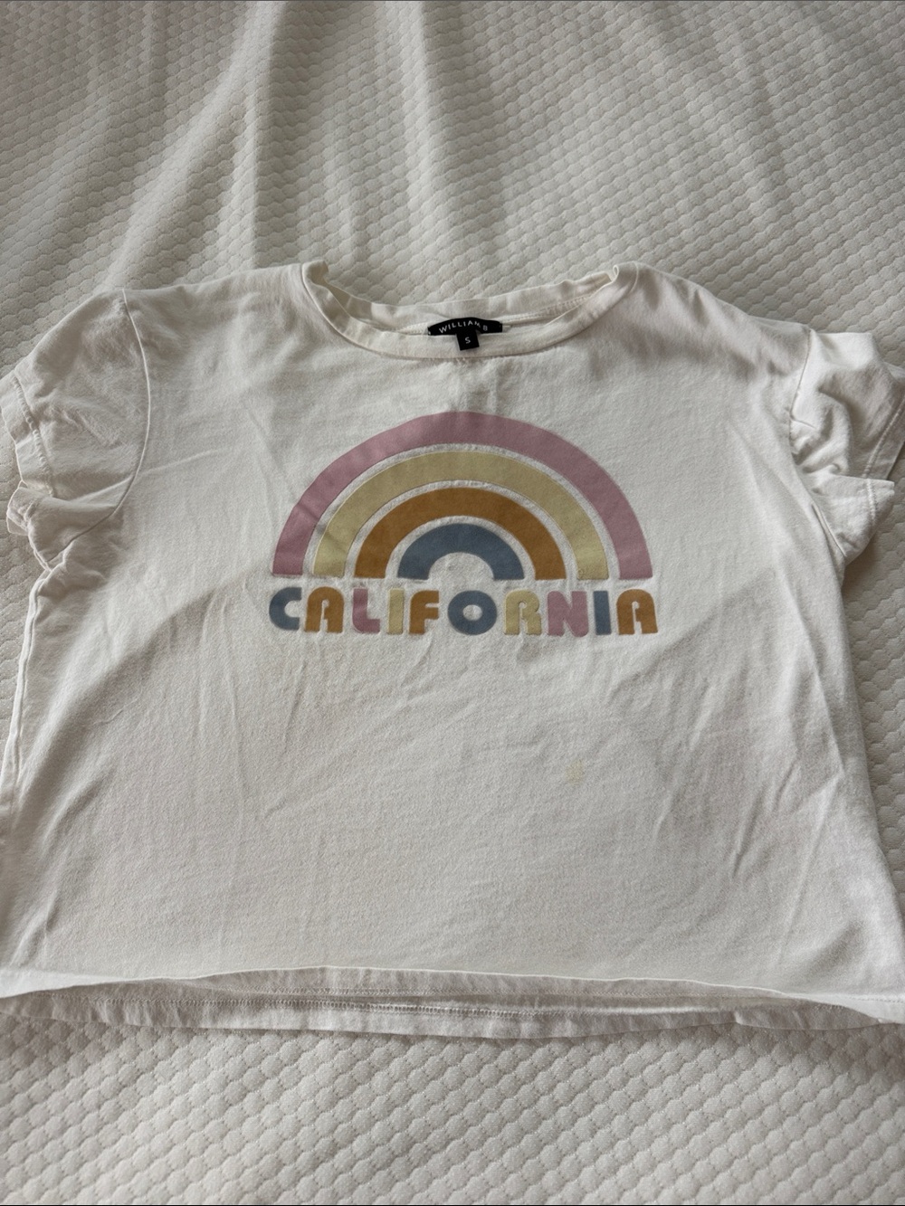 William B White Tee with Pink, Mustard & Blue Rainbow California Graphic